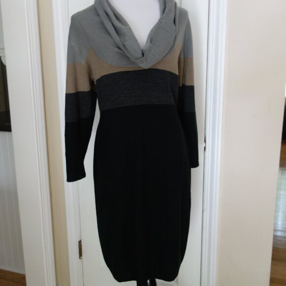 NWT CONNECTED APPAREL Black Gray Tan Cowl Neck Sweater Dress – XL - Picture 1 of 5